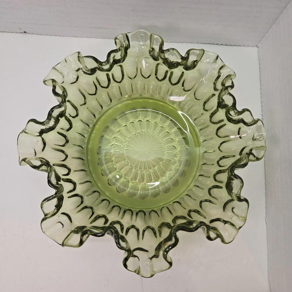 Vintage Fenton Glass Candy Dish Bowl Base Avocado Thumbprint Ruffle‎ Rim 8